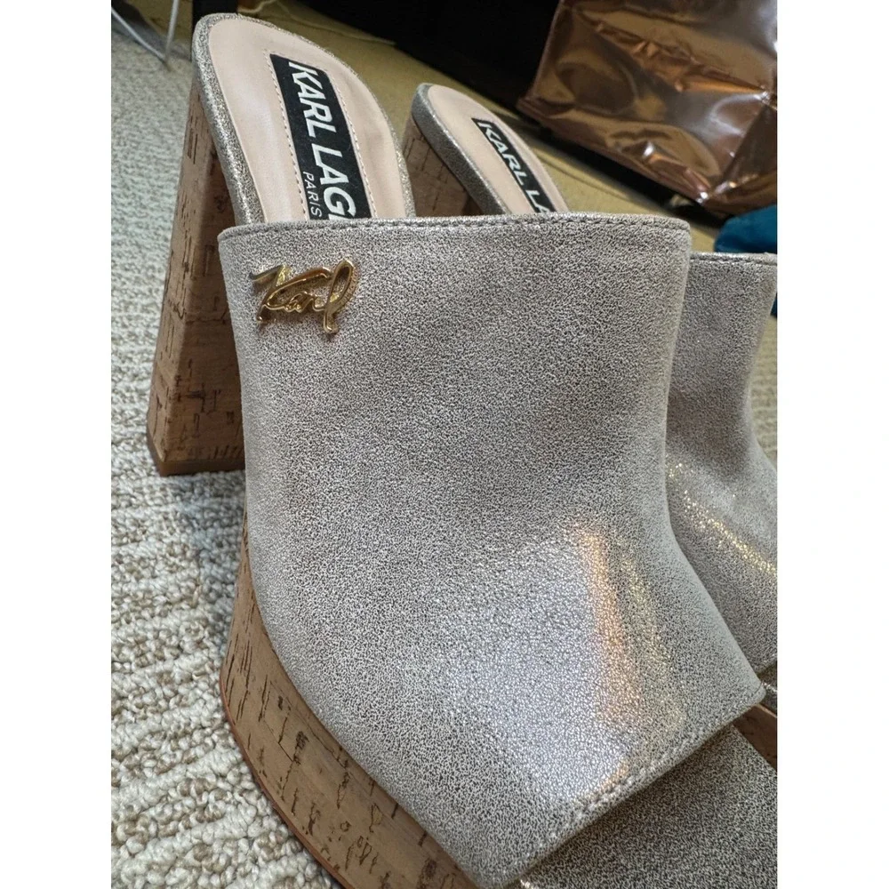 Karl Lagerfeld Paris Metallic Cork Wedge‎ Mules Silver Glitter Platform Sandals